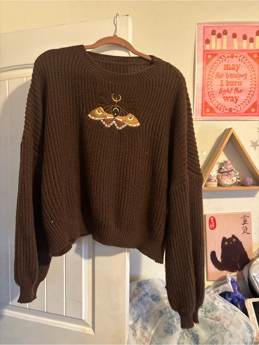 ROMWE Brown Embroidered Crop Crewneck Sweater